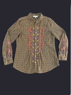 🌼 3J Workshop Embroidered Plaid Flannel Shirt M 🌸 Boho Western Vibes